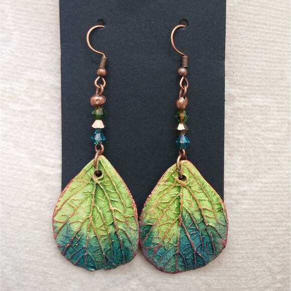 Artisan Copper Green Leaf Earrings Statement Dangles Colorful Swarovski Crystals - Picture 1 of 11